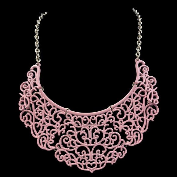 Romantic Pink Filigree Statement Necklace Coquette Royalcore Soft Girl Jewelry - Picture 2 of 7